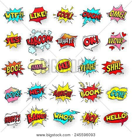 Bang, Ouch Shouts And Yeah Shouting Text Bubble With Halftone Pattern Shadow. Pop Art Comic Sign Ret