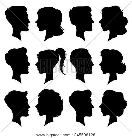 Female And Male Faces Silhouettes In Vintage Cameo Style. Retro Woman And Man Face Profile Portrait 