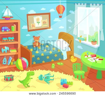 Cartoon Kids Bedroom Interior. Home Childrens Room With Kid Bed, Pencils Drawings And Child Toys Tir