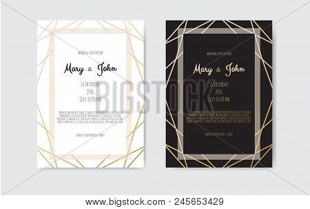 Wedding Invitation, Invite Card Design With Geometrical Art Lines, Gold Foil Border, Frame. Vector M