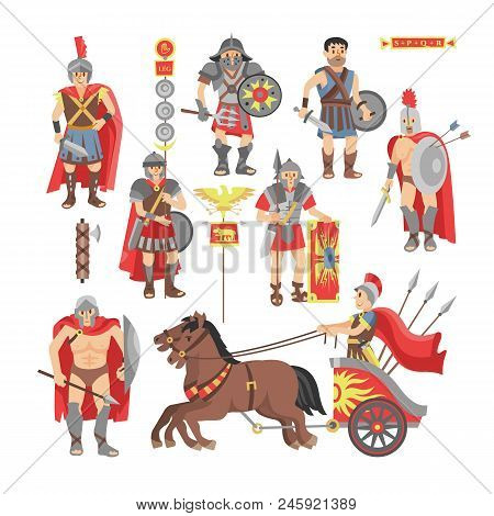 Gladiator Vector Roman Warrior Man Character In Armor With Sword Or Weapon And Shield In Ancient Rom