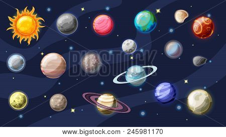 Solar System Vector Cartoon Collection. Planets, Moons Of Earth, Jupiter And Other Planet Of Solar S