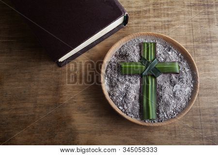 Ash Wednesday, Crucifix Made Of Ash, Dust As Christian Religion. Lent Beginning