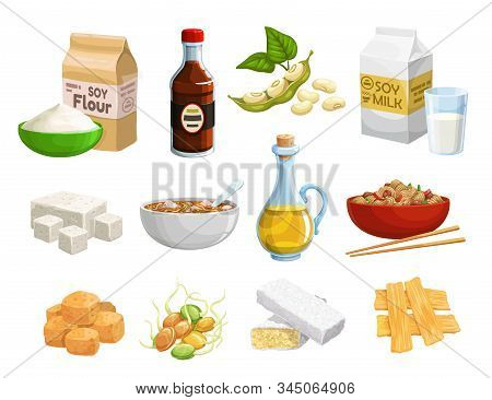 Soy Food And Vegan Products, Organic Healthy Natural Nutrition. Vector Soy Food Products, Meat And C