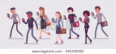 Zombie Walking People, Distracted Pedestrians Addicted To Smartphone. Diverse Group Of Peoples Witho