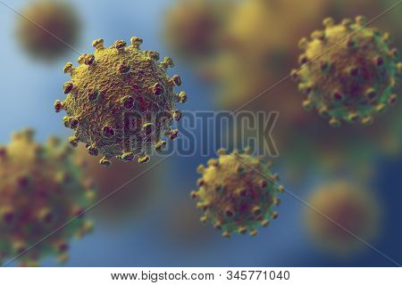 Flu Or Hiv Coronavirus Floating In Fluid Microscopic View, Pandemic Or Virus Infection Concept - 3d 