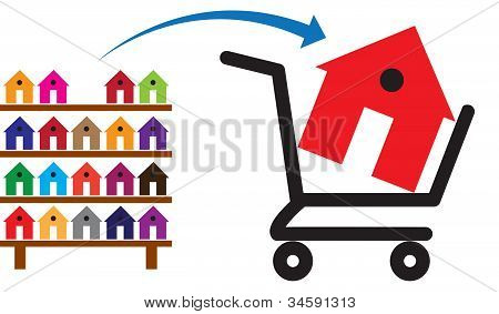 Concept Of Buying A House Or Property On Sale. The Shopping Trolley With A House In It Is Symbolic O