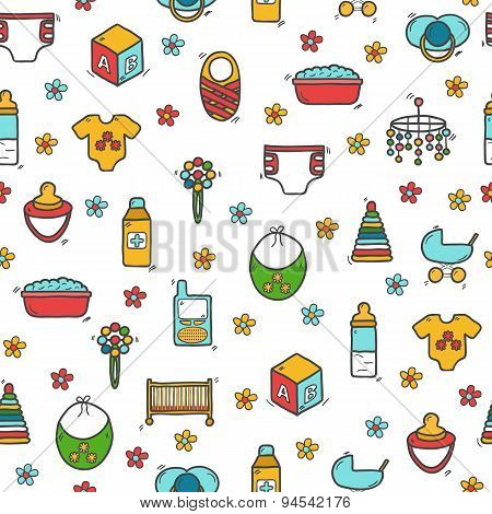 Seamless background with cute hand drawn objects on baby theme. Baby care concept with hand drawn ob