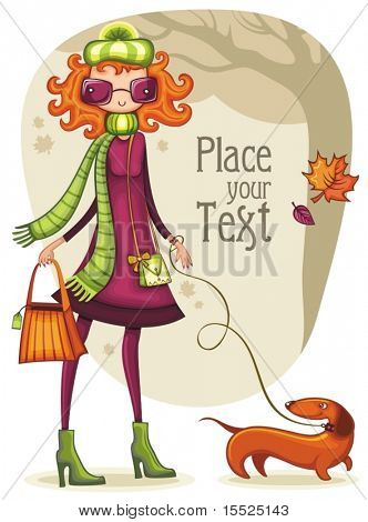 Lunatique shopping girl avec teckel dans le parc en automne. Pour voir similaires, s'il vous plaît visitez MY PORTFOL