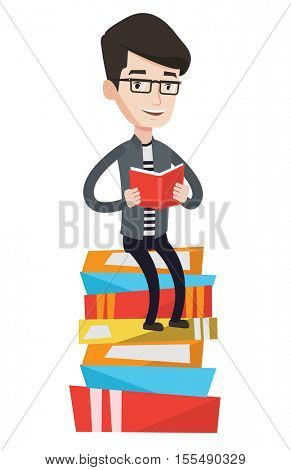 Young caucasian male student sitting on huge pile of books. Student reading book. Smiling man sitting on stack of books with book in hands. Vector flat design illustration isolated on white background