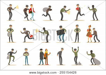 Burglars, Muggers And Thieves Set Of Smiling Criminals At The Crime Scene Stealing Vector Illustrati