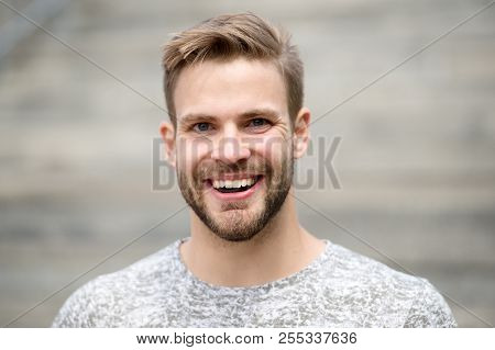 Man With Perfect Brilliant Smile Unshaven Face Defocused Background. Guy Happy Emotional Expression 