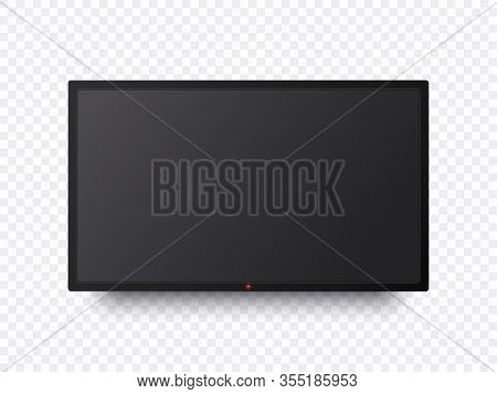 Flat Tv Screen Mockup. Black Television Display On The Transparent Wall Isolated And With Blank Scre