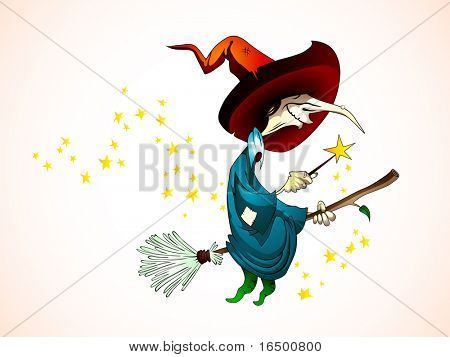 Spooky Halloween Witch holding a Magic Wand, Flying on a Broom - Detailed Vector Illustration