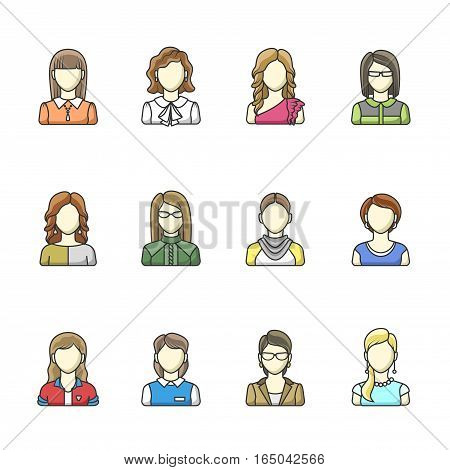 human, isolated, facial, blond, glasses, fun, attractive, white, profession, view, expression, business, comic, line, sign, adult, vector, head, symbol, character, social, people, different, female, worker, cute, flat, smile, lady, icon, funny, illustrati