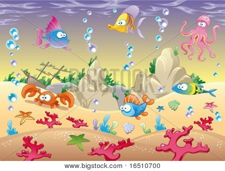 Family of marine animals in the sea. Funny cartoon and vector illustration