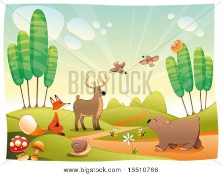 Animals in the wood. Funny cartoon and vector illustration, isolated objects