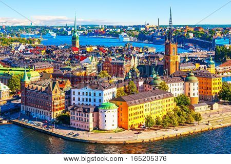 Scenic summer aerial panorama of the Old Town (Gamla Stan) pier architecture in Stockholm, Sweden