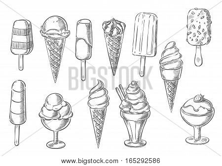 Ice cream sketch icons of sweet frozen creamy desserts, fruity gelato ice cream, soft ice cream in wafer cone, caramel eskimo or chocolate glaze sundae with nuts, whipped cream and fruit ice, fresh vanilla scoops in glass bowl. Vector isolated set