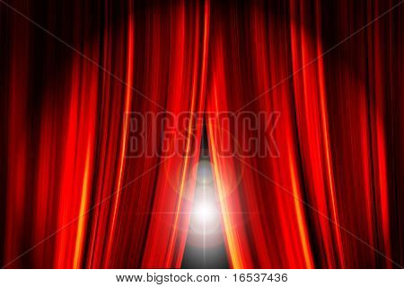 Theatre stage red curtains opening showing a bright light flare behind them