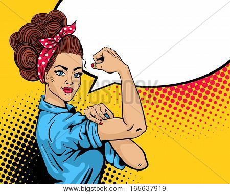 We Can Do It poster. Pop art sexy strong girl. Classical american symbol of female power woman rights protest feminism. Vector colorful hand drawn background in retro comic style.