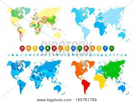 World maps collection and navigation icons in different colors and its different assignment. Blank Political World Map; blank World Map in different colors of blue; blank World Map with different colorful continents colors; blank World Map with continents