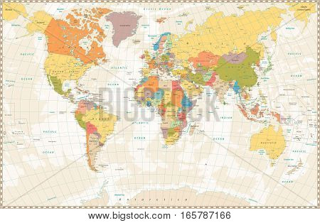 Old retro World Map with lakes and rivers. Highly detailed vector illustration of large political World Map.