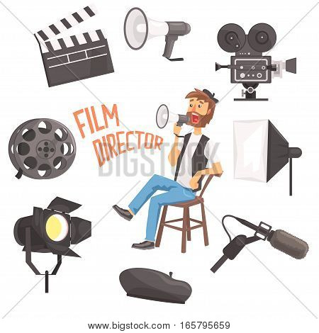 Film Director Sitting With Megaphone Controlling Movie Shooting Process Surrounded By Moviemaking Set Of Objects. Cartoon Vector Illustration With Hollywood Movie Maker Guiding The Shoot.