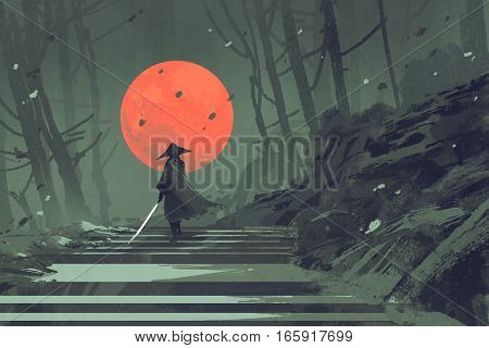 Samurai standing on stairway in night forest with the red moon on background, illustration painting