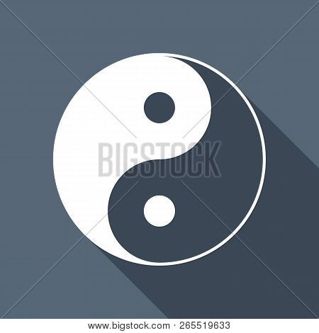 Yin Yan Symbol. White Flat Icon With Long Shadow On Background