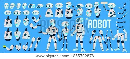 Robot Vector. Animation Set. Mechanism Robot Helper. Cyborgs, Ai Futuristic Humanoid Character. Anim