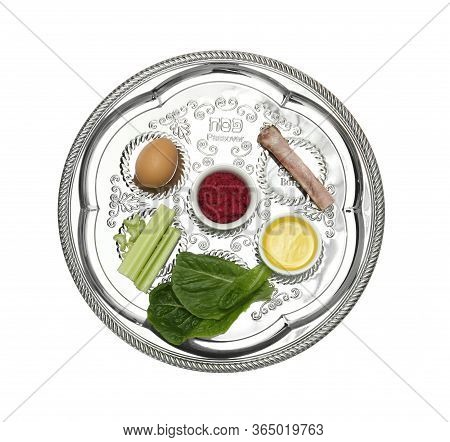 Passover Seder Plate (keara) With Symbolic Meal Isolated On White, Top View. Pesah Celebration