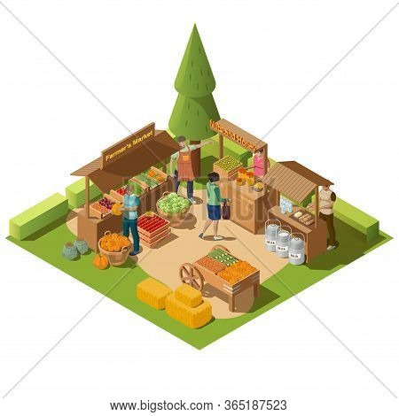 Farm Local Market Isometric Composition With Farmer Greengrocer Characters Selling Natural Organic F