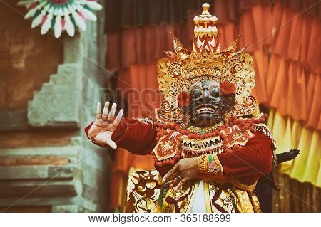 Traditional Balinese Costume And Mask Tari Wayang Topeng - Characters Of Bali Culture. Temple Ritual