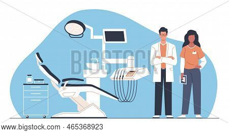 Dentists Team. Empty Dental Chair, Professional Doctors Characters, Medicine Checkup Invitation, Off