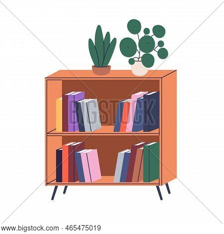 Paper Books, Potted Plants On Shelf. Wood Bookshelf, Furniture For Literature Rows Store, Storage. T