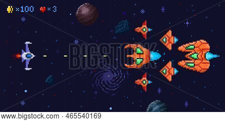 Space Battle Arcade Game Level. Pixel Art Galactic Battle, Defender Spaceship And Pixelated Ufo Enem