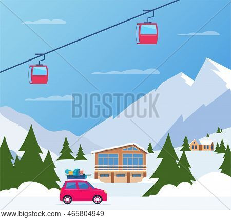 Winter Skiing Holiday Trip To Mountains. Cute Small Car With Ski And Snowboard, Backpack And Suitcas