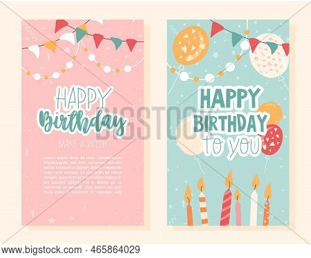 Birthday Greeting Postcards Set. Collection Of Gifts, Presents And Surprises For Holiday. Candles, D