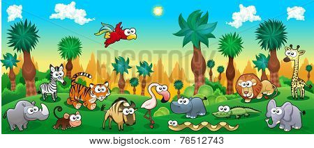 Green forest with funny wild animals. Vector cartoon illustration.