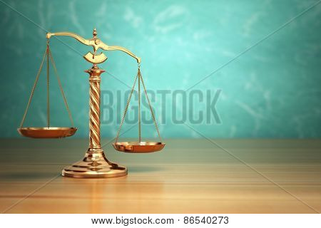 Concept of justice. Law scales on green background. 3d