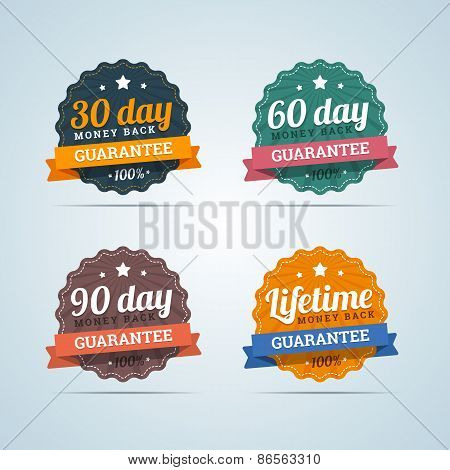 Set of money back guarantee badges in flat style. 30, 60, 90 day