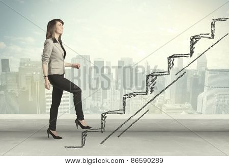 Business woman climbing up on hand drawn staircase concept on city background