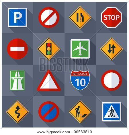 Road traffic signs flat icons set