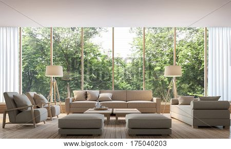 Modern living room with nature view 3d rendering Image. There are decorations in room with wood. There are large windows overlooking the surrounding nature and forest