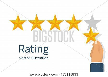 Star rating. Holding a gold star, to give five. Feedback concept. Evaluation system. Positive review. Vector illustration flat design. Isolated on white background. Quality work.