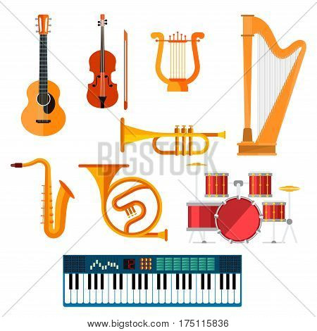 Guitar, synthesizer piano and drum station vector icons. String, wind and key musical instruments of isolated harp, sax or saxophone, trombone or trumpet and fiddle violin for orchestra or jazz music