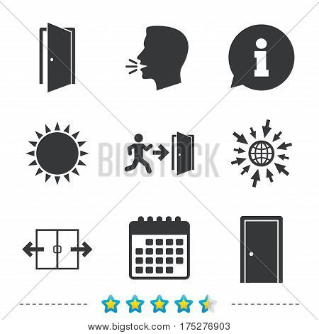 Automatic door icon. Emergency exit with human figure and arrow symbols. Fire exit signs. Information, go to web and calendar icons. Sun and loud speak symbol. Vector