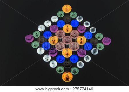 Collection Of Different Buttons For Clothes Repair. Abstraction. Illustration. Set Of Colored Button