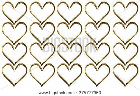 Fishing Hooks In Gold Color. The Hearts Of The Hooks. Patterns Of Metal Fishing Hooks. Abstraction. 